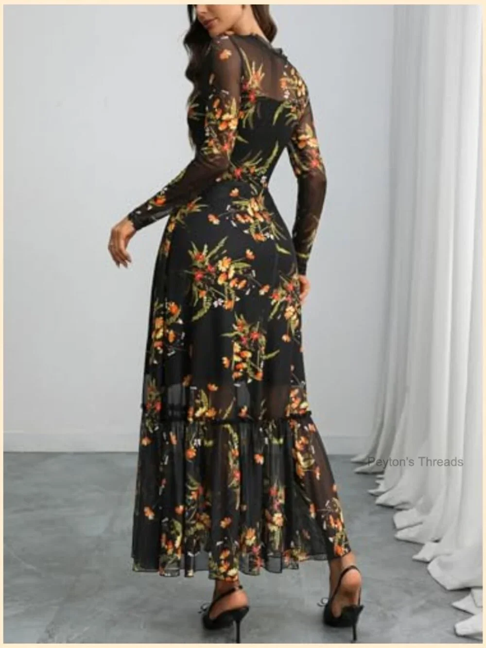 Floral Mesh Maxi Dress Long Sleeve A Line Ruffle Hem Wedding Guest - Picture 2 of 7